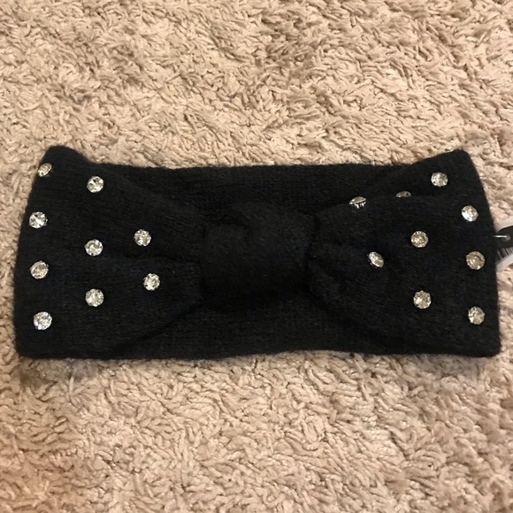 NEW Designer Bow Rhinestone Crystal Knit Soft Hair Band Headband Ear Muff Black - Picture 1 of 3
